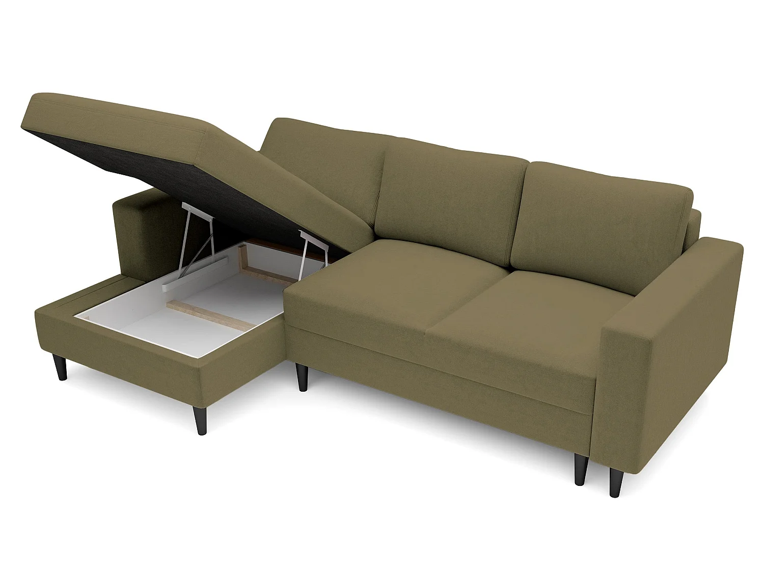 Canapé d'angle - 230 cm - en L avec un coffre de rangement - velours hydrophobe - olive - côté gauche - NALIKA