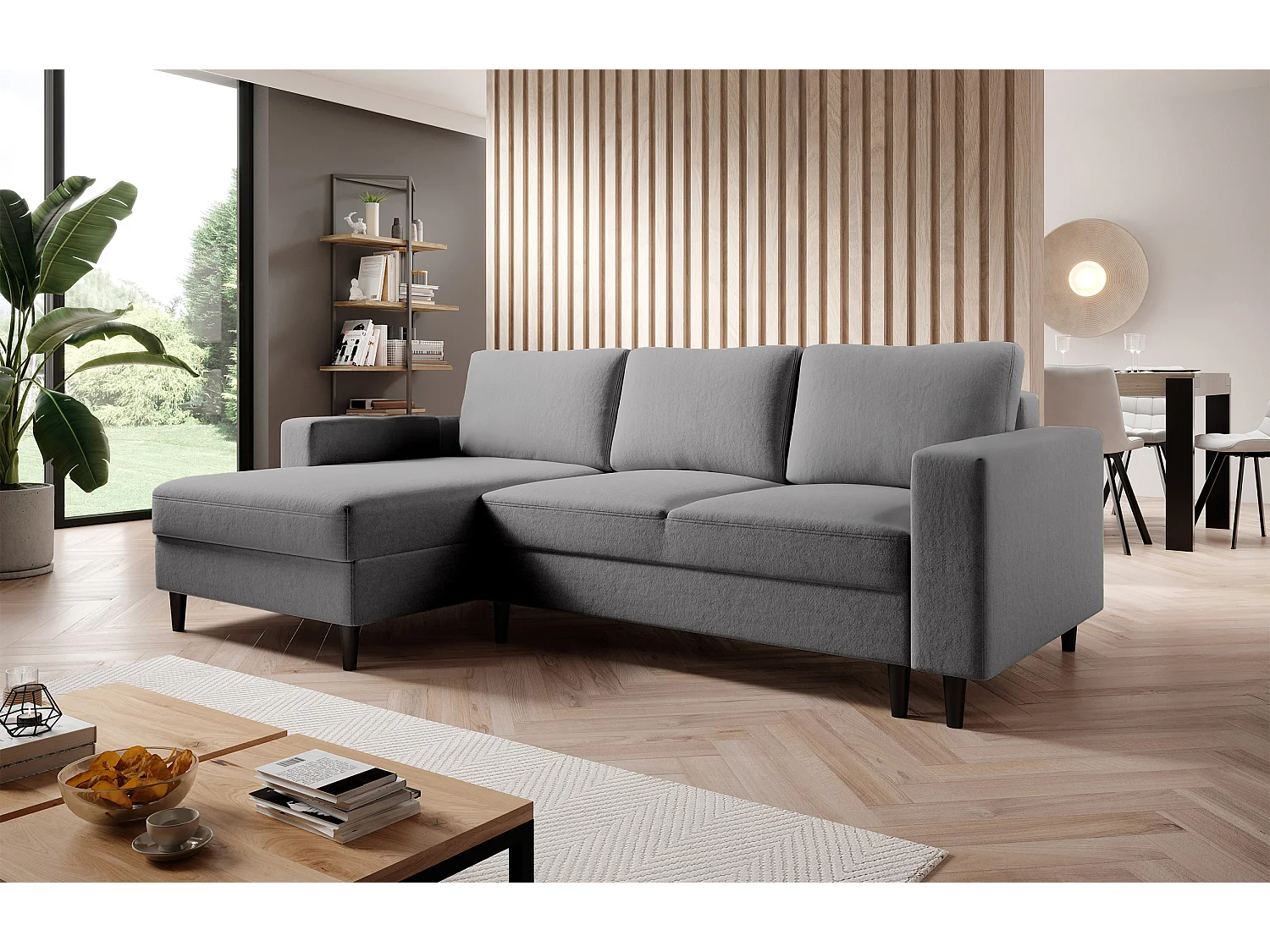 Canapé d'angle - 230 cm - en L avec un coffre de rangement - velours hydrophobe - gris - côté gauche - NALIKA