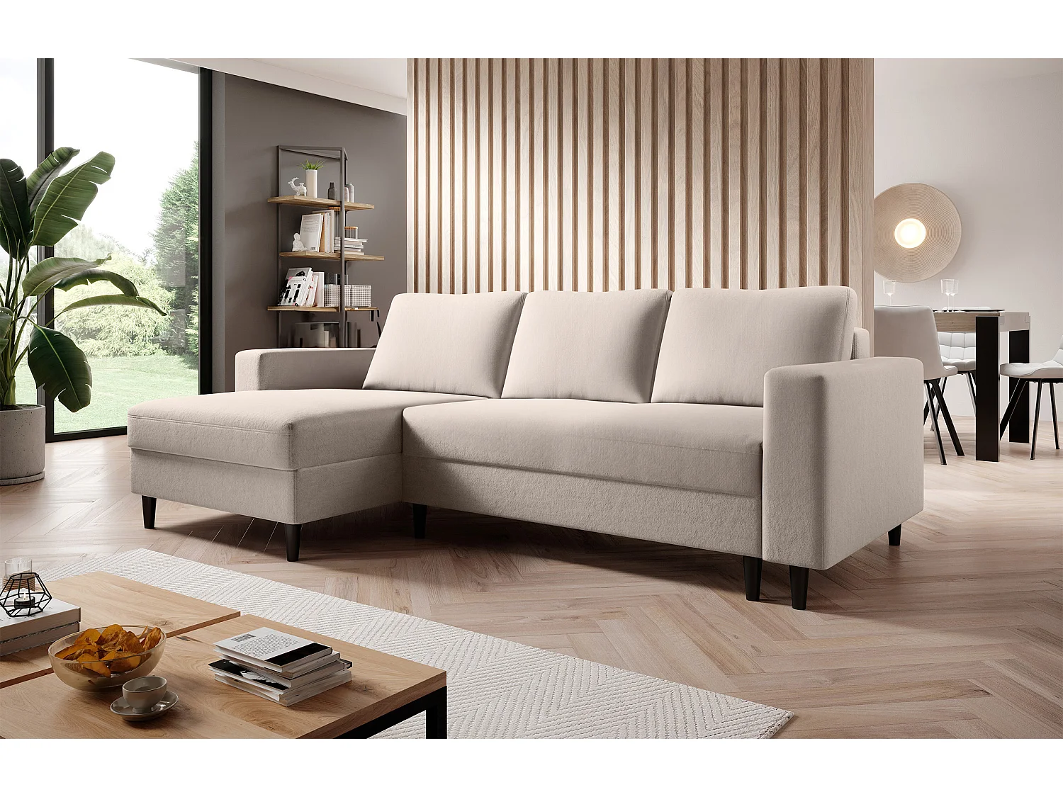 Canapé d'angle - 230 cm - en L avec un coffre de rangement - velours hydrophobe - crème - côté gauche - NALIKA