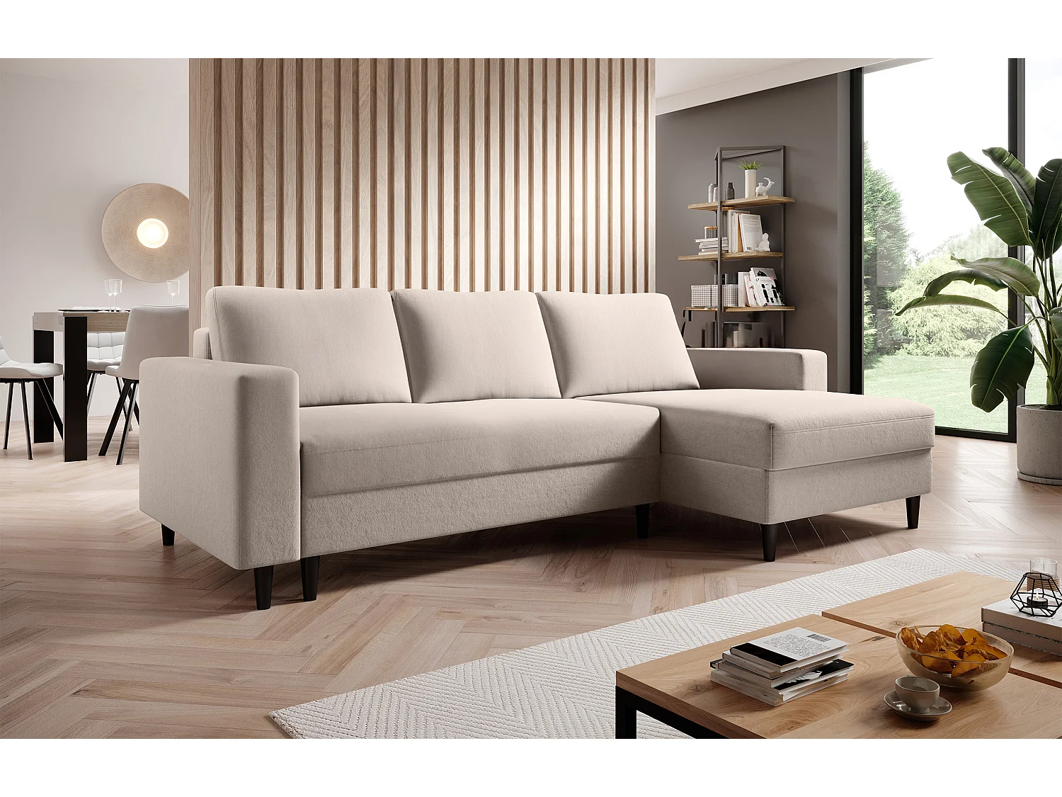 Canapé d'angle - 230 cm - en L avec un coffre de rangement - velours hydrophobe - crème - côté droit - NALIKA