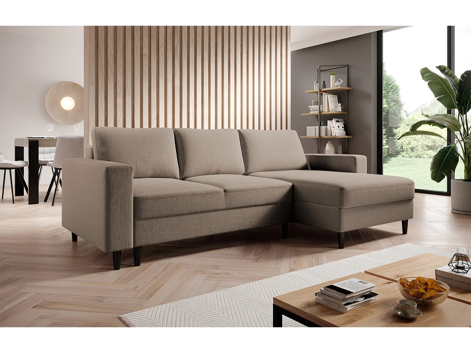Canapé d'angle - 230 cm - en L avec un coffre de rangement - velours hydrophobe - beige foncé - côté droit - NALIKA