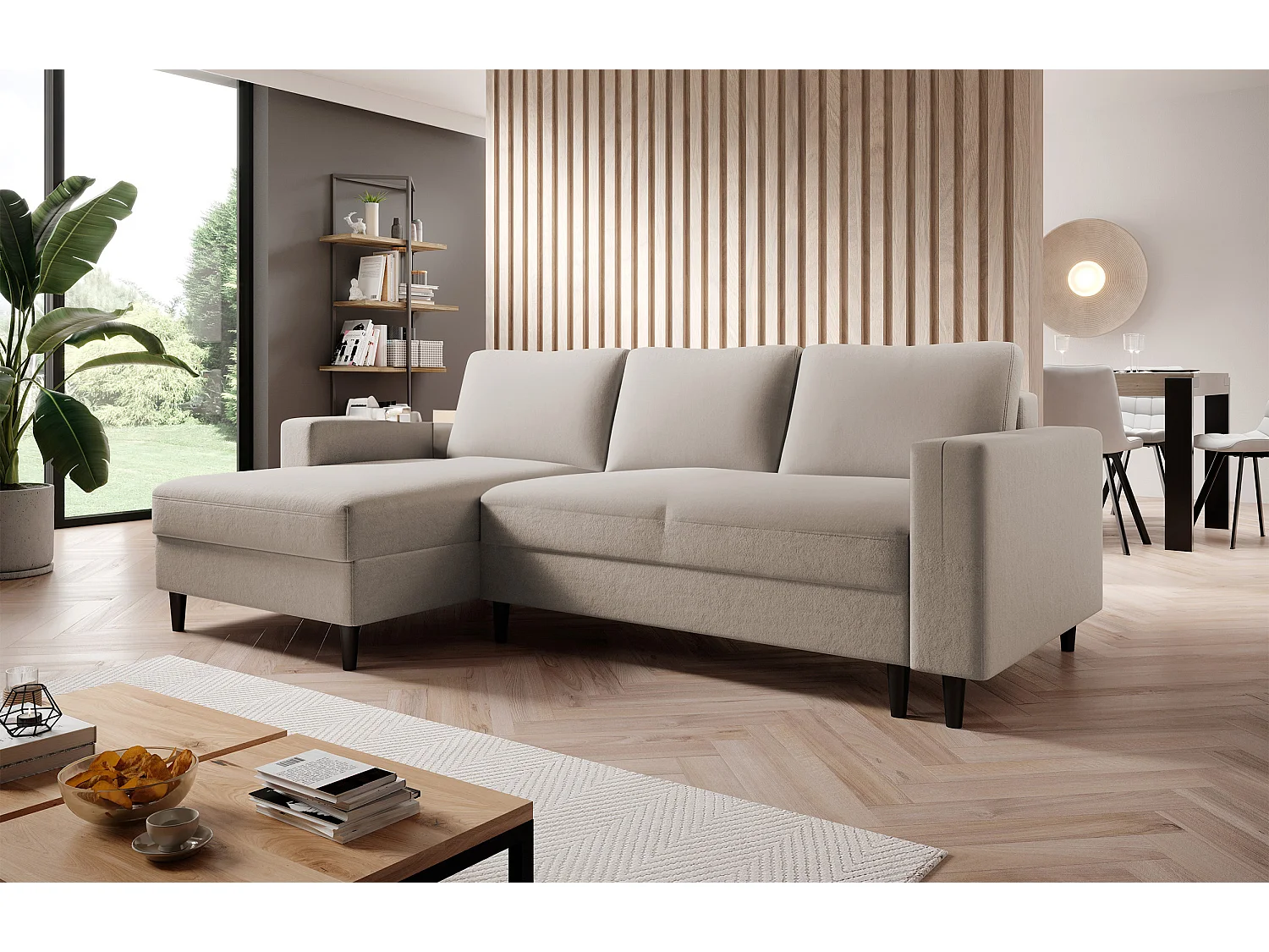 Ecksofa - 230 cm - L-Form mit Staufach - wasserabweisender Samt - beige - linke Seite - NALIKA