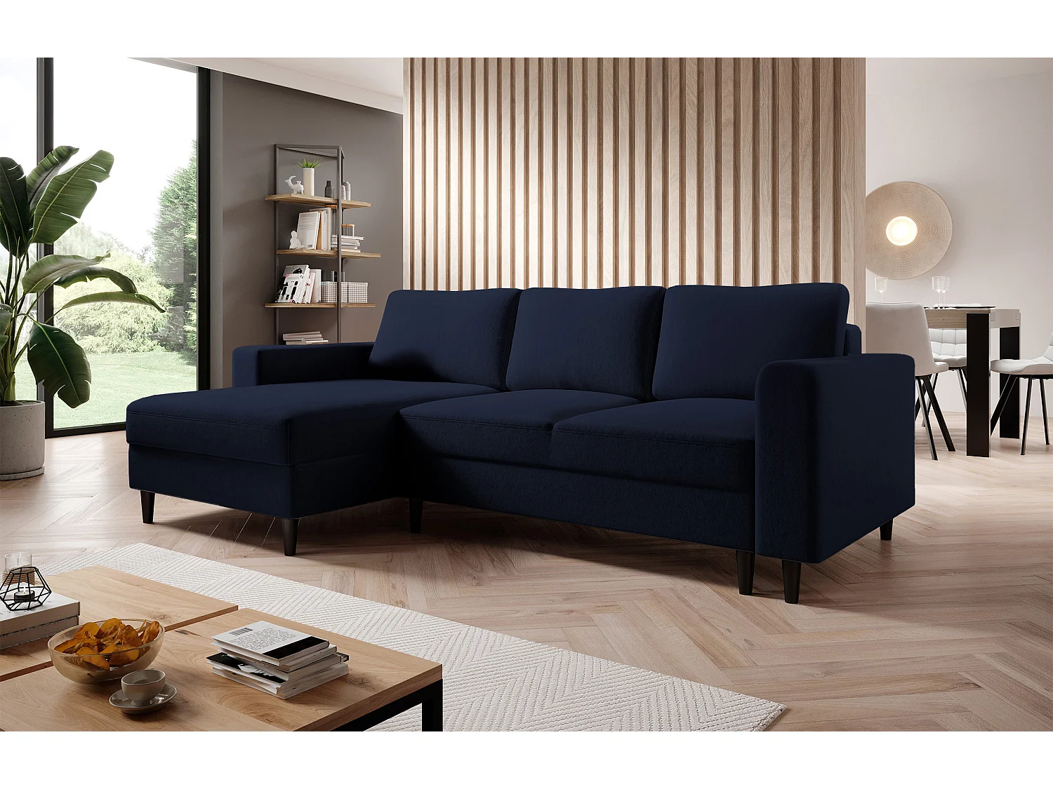 Canapé d'angle - 230 cm - en L avec un coffre de rangement - velours hydrophobe - bleu marin - côté gauche - NALIKA