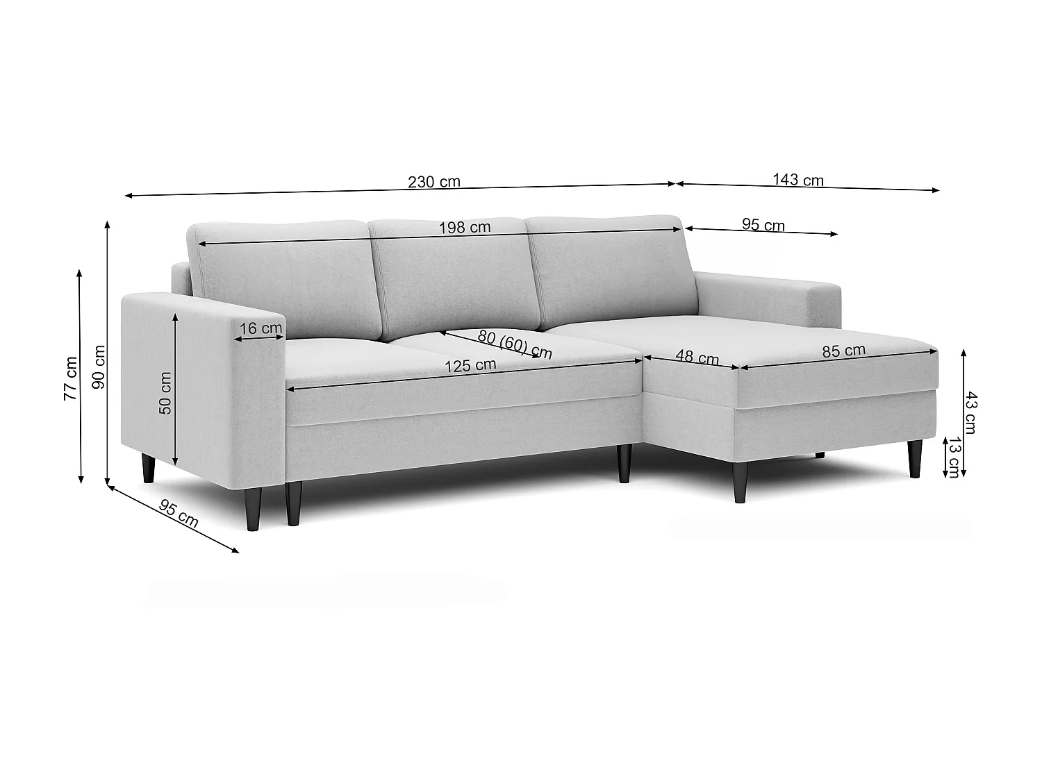 Canapé d'angle - 230 cm - en L avec un coffre de rangement - velours hydrophobe - gris - côté droit - NALIKA