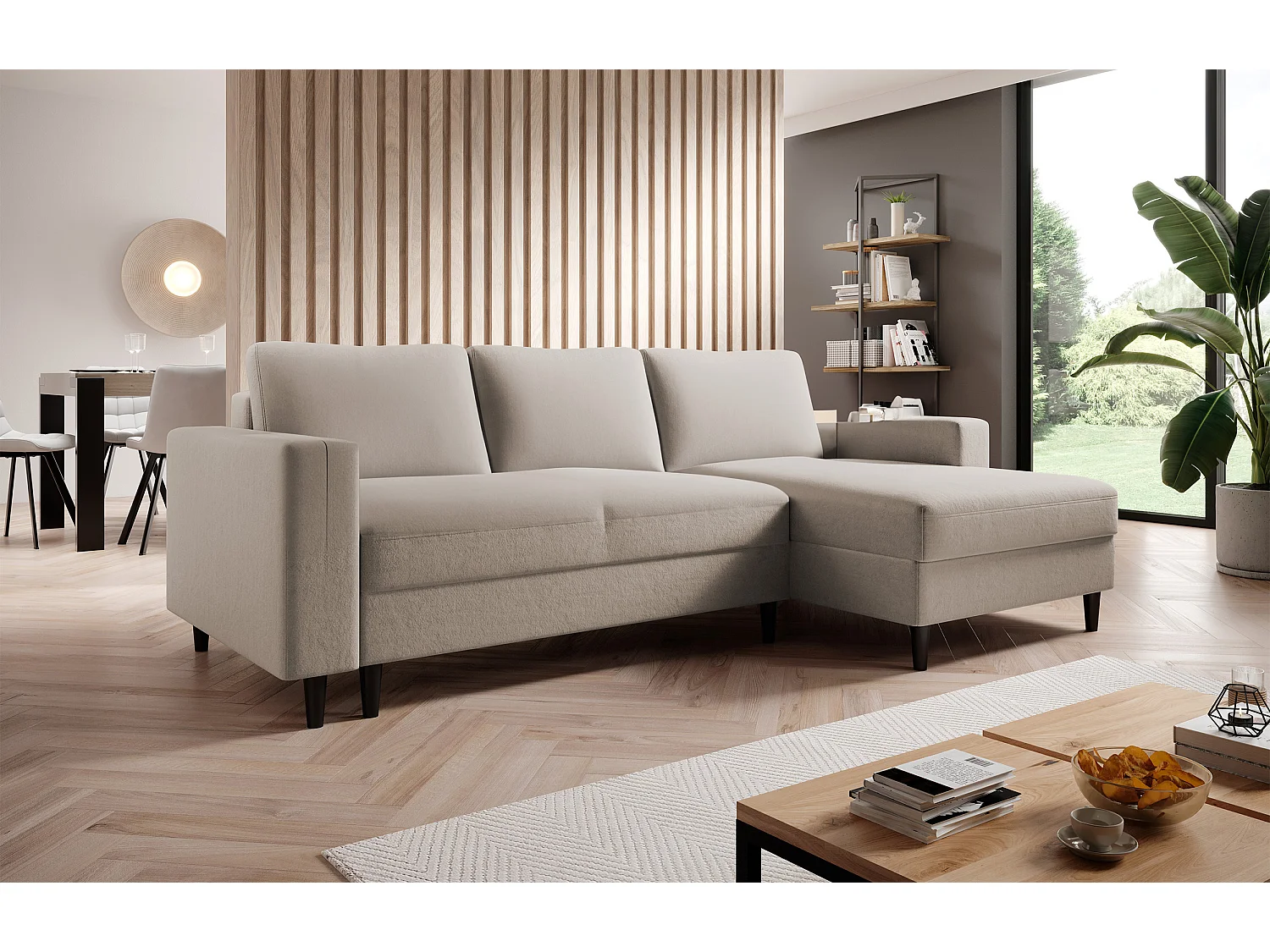 Canapé d'angle - 230 cm - en L avec un coffre de rangement - velours hydrophobe - beige - côté droit - NALIKA