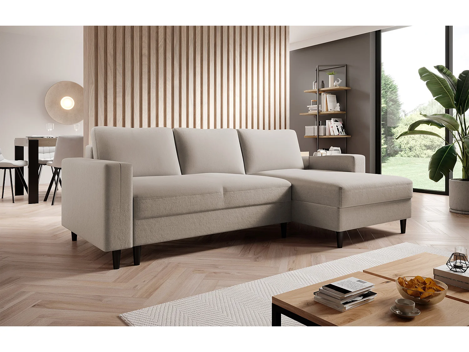 Canapé d'angle - 230 cm - en L avec un coffre de rangement - velours hydrophobe - beige - côté droit - NALIKA