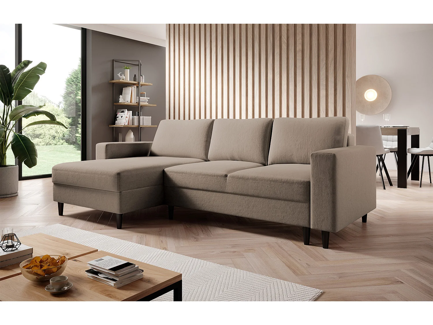 Canapé d'angle - 230 cm - en L avec un coffre de rangement - velours hydrophobe - beige foncé - côté gauche - NALIKA