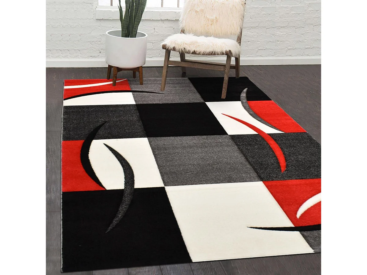 tapis chambre Ø100cm tissé bleu rond motif damier LYN8 COMMA