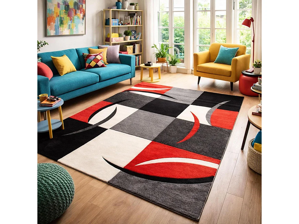 tapis chambre Ø100cm tissé bleu rond motif damier LYN8 COMMA