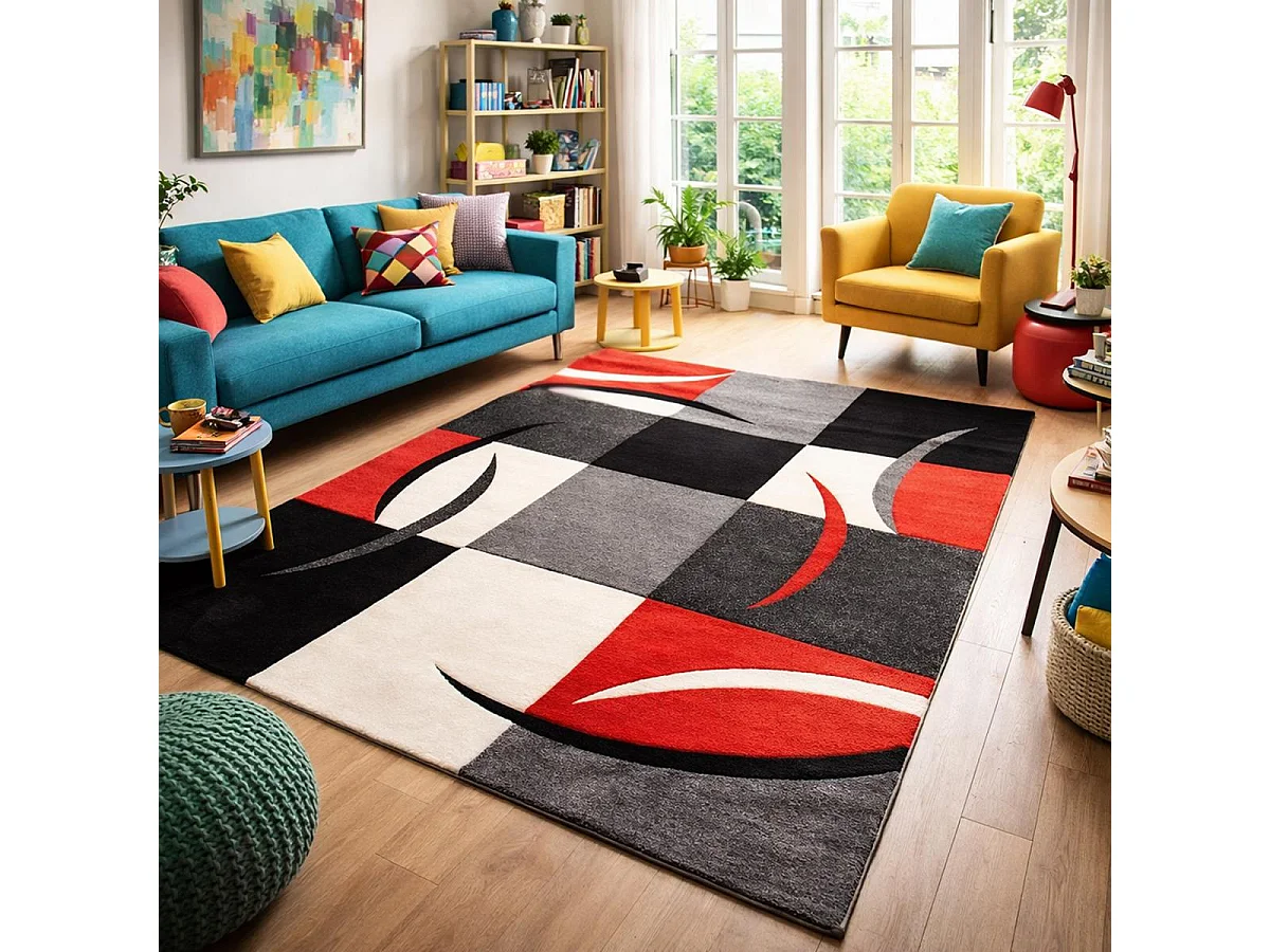 tapis chambre Ø100cm tissé bleu rond motif damier LYN8 COMMA