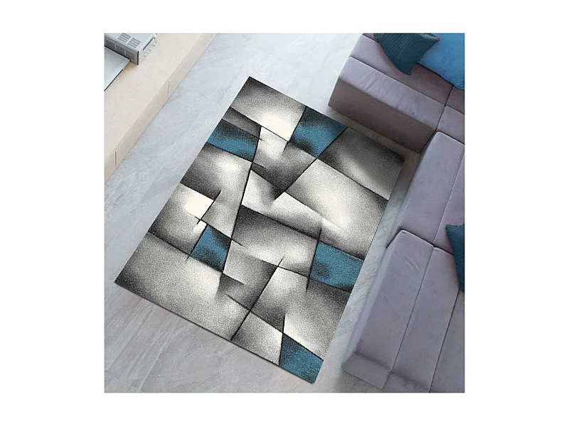 tapis chambre 160x230 tissé turquoise rectangle motif géométrique LYN8 ULTIMA