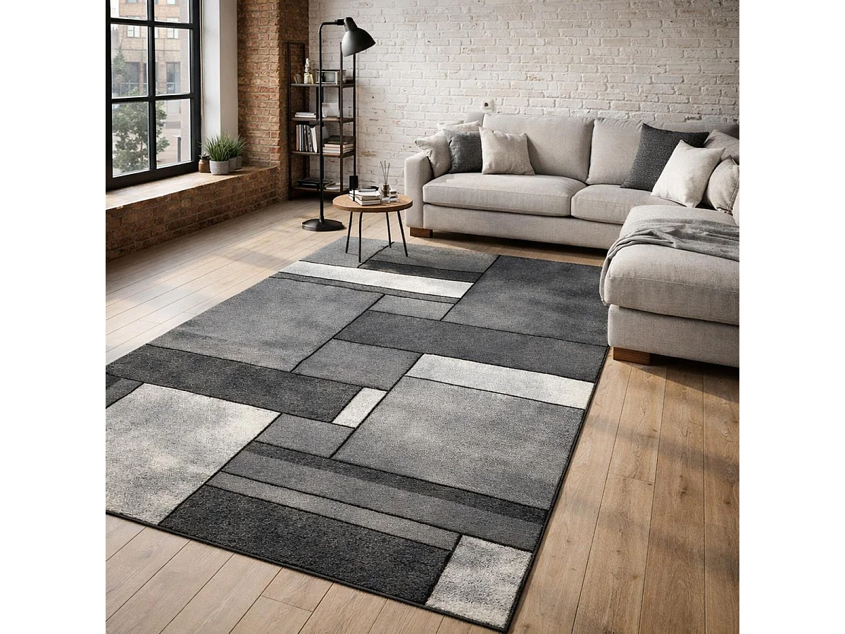 tapis couloir 40x60 tissé gris rectangle motif géométrique LYN8 GEOME