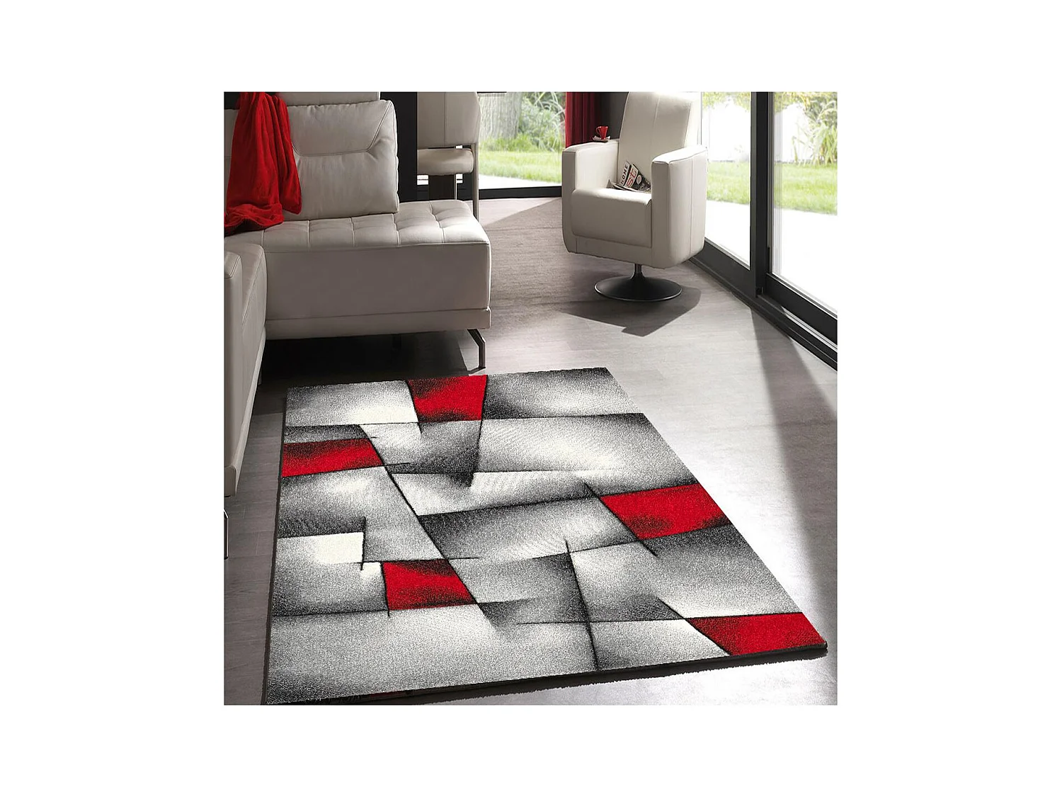 tapis bibliothèque 160x160 tissé rouge carré motif géométrique LYN8 ULTIMA