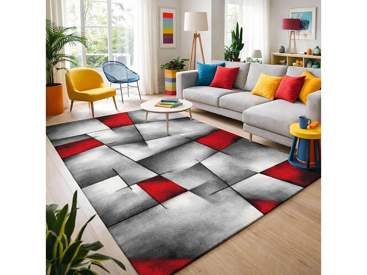 tapis bibliothèque 160x160 tissé rouge carré motif géométrique LYN8 ULTIMA