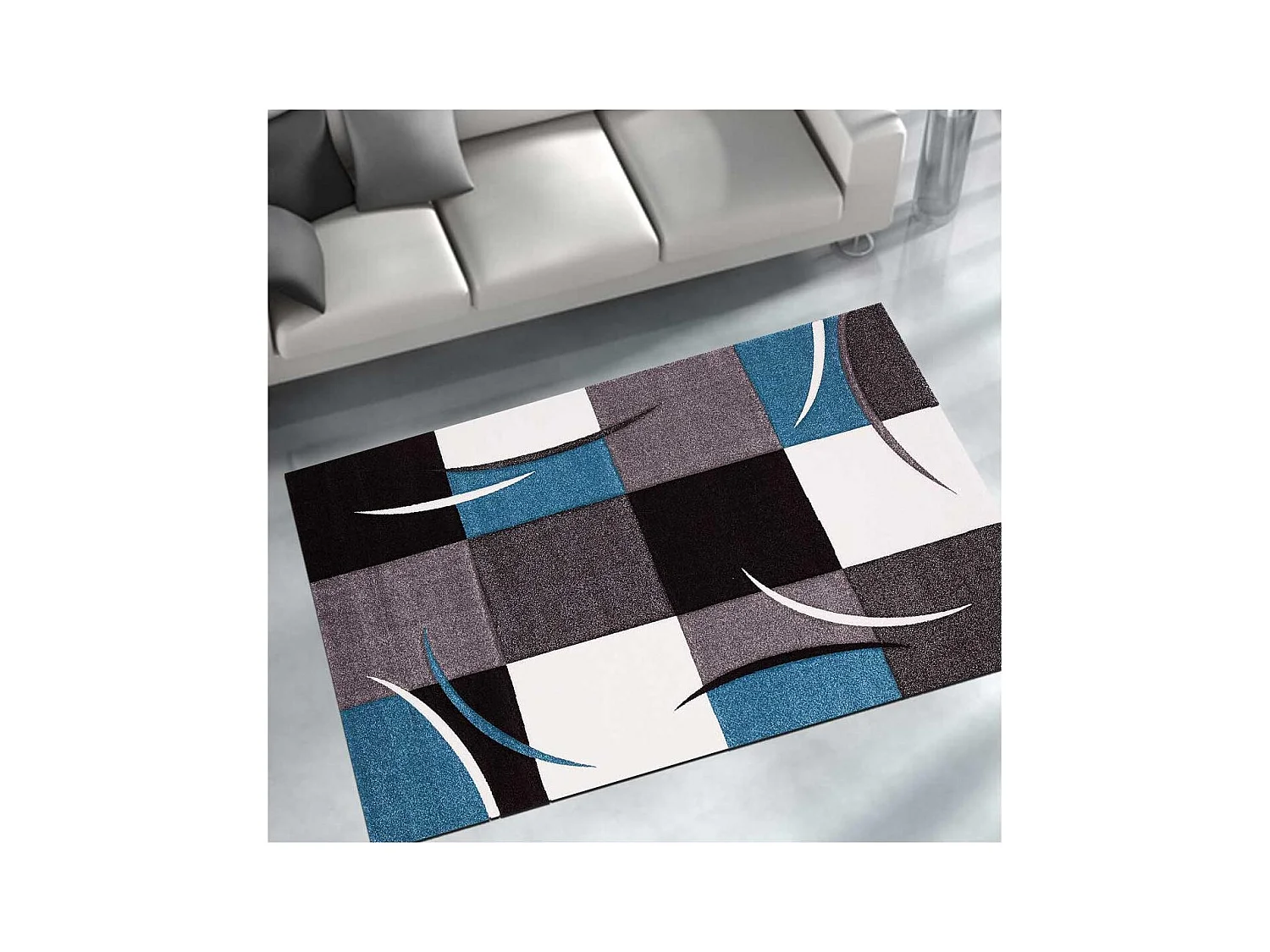 tapis couloir 40x60 tissé bleu rectangle motif damier LYN8 COMMA