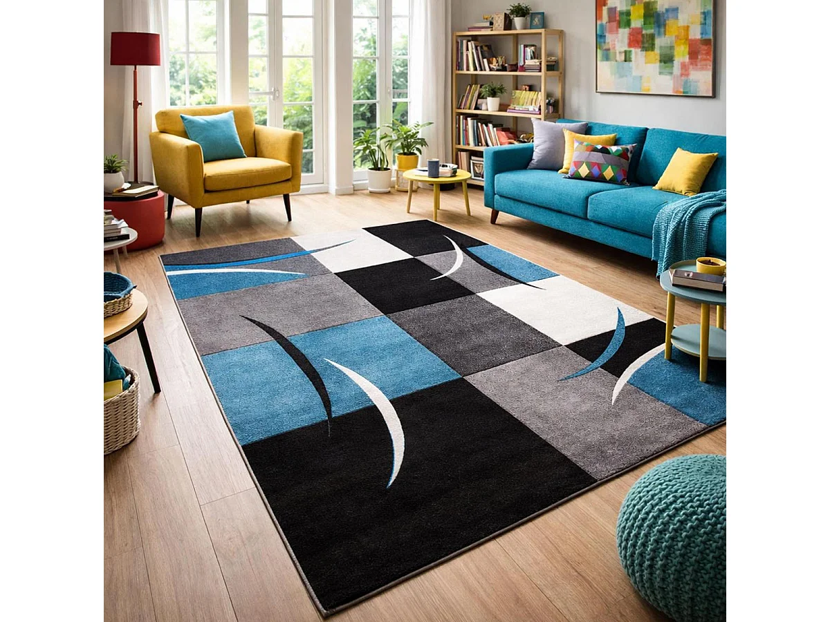 tapis salle de réception 100x100 tissé bleu carré motif damier LYN8 COMMA