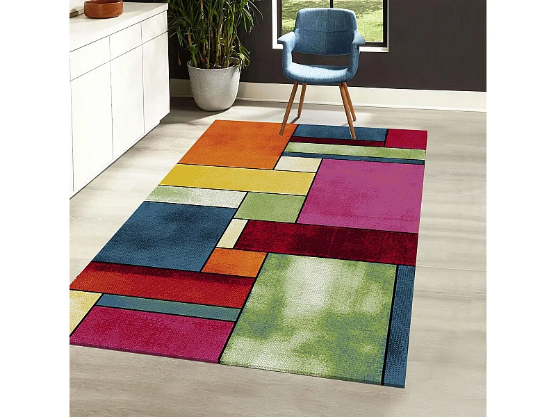 tapis salle de réception 200x200 tissé mutlicolore carré motif géométrique LYN8 GEOME