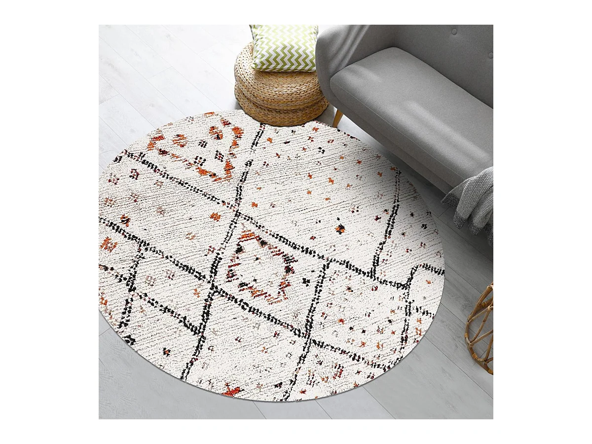 Tapis berbère rond Ø120cm tissé motifs tribaux LYN8 MORA crème