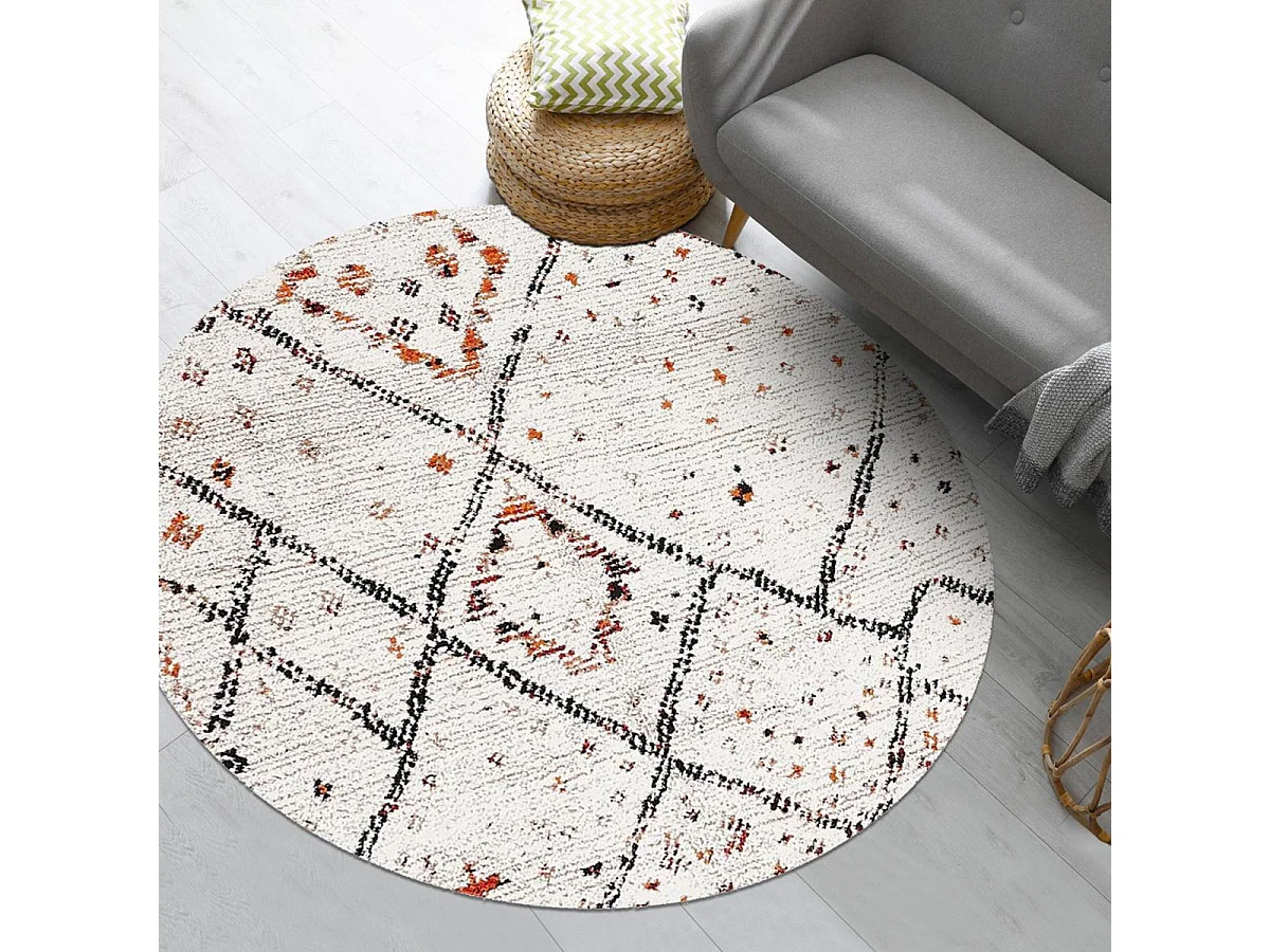 Tapis berbère rond Ø120cm tissé motifs tribaux LYN8 MORA crème