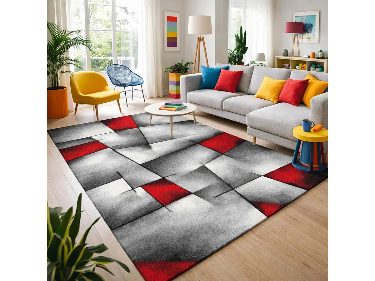 tapis salle à manger 120x170 tissé rouge rectangle motif géométrique LYN8 ULTIMA
