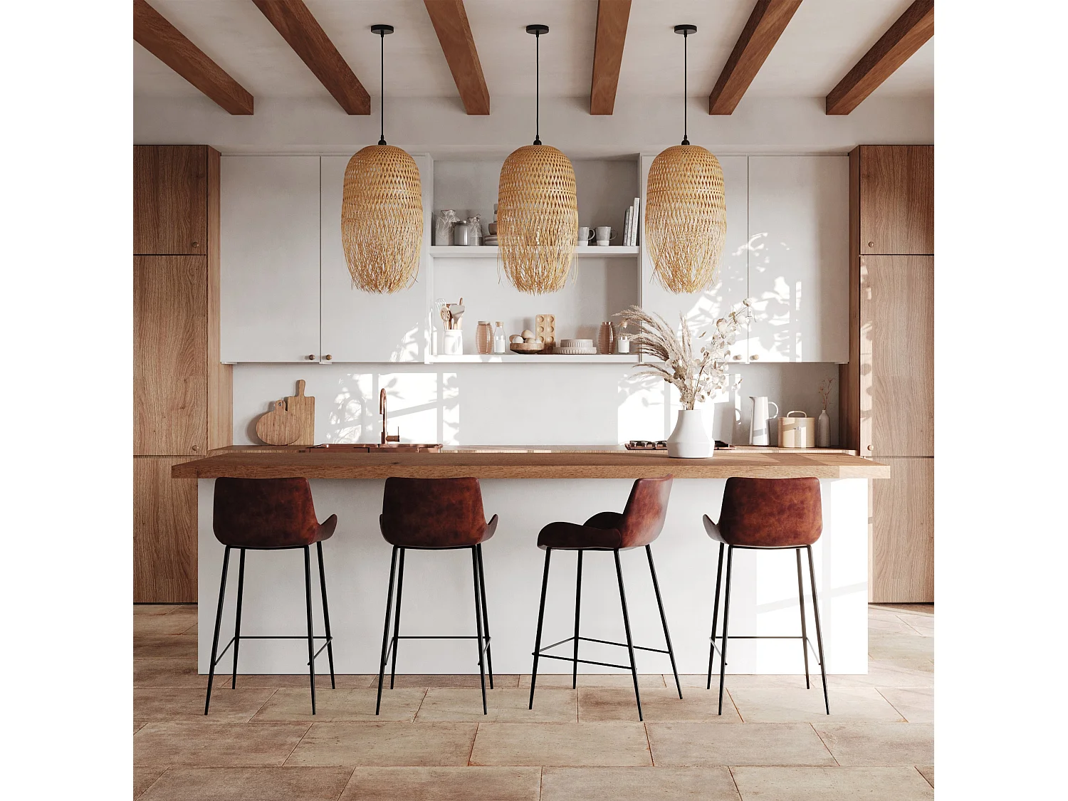 Lámpara colgante de bambú natural y metal - Dorva