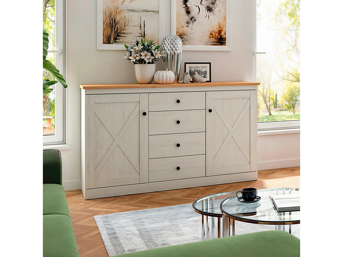 Victoria vit och trä 2-dörrars sideboard med 4 lådor