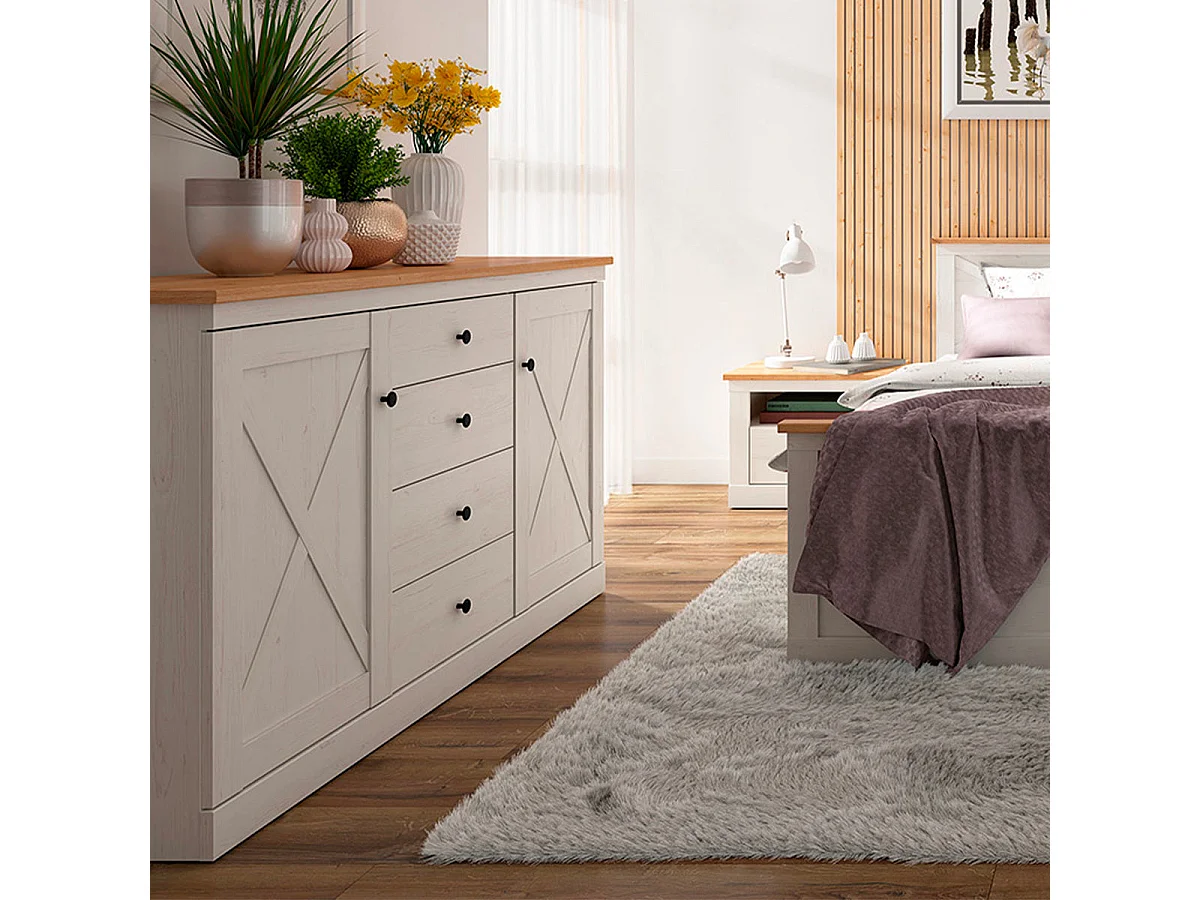 Victoria vit och trä 2-dörrars sideboard med 4 lådor
