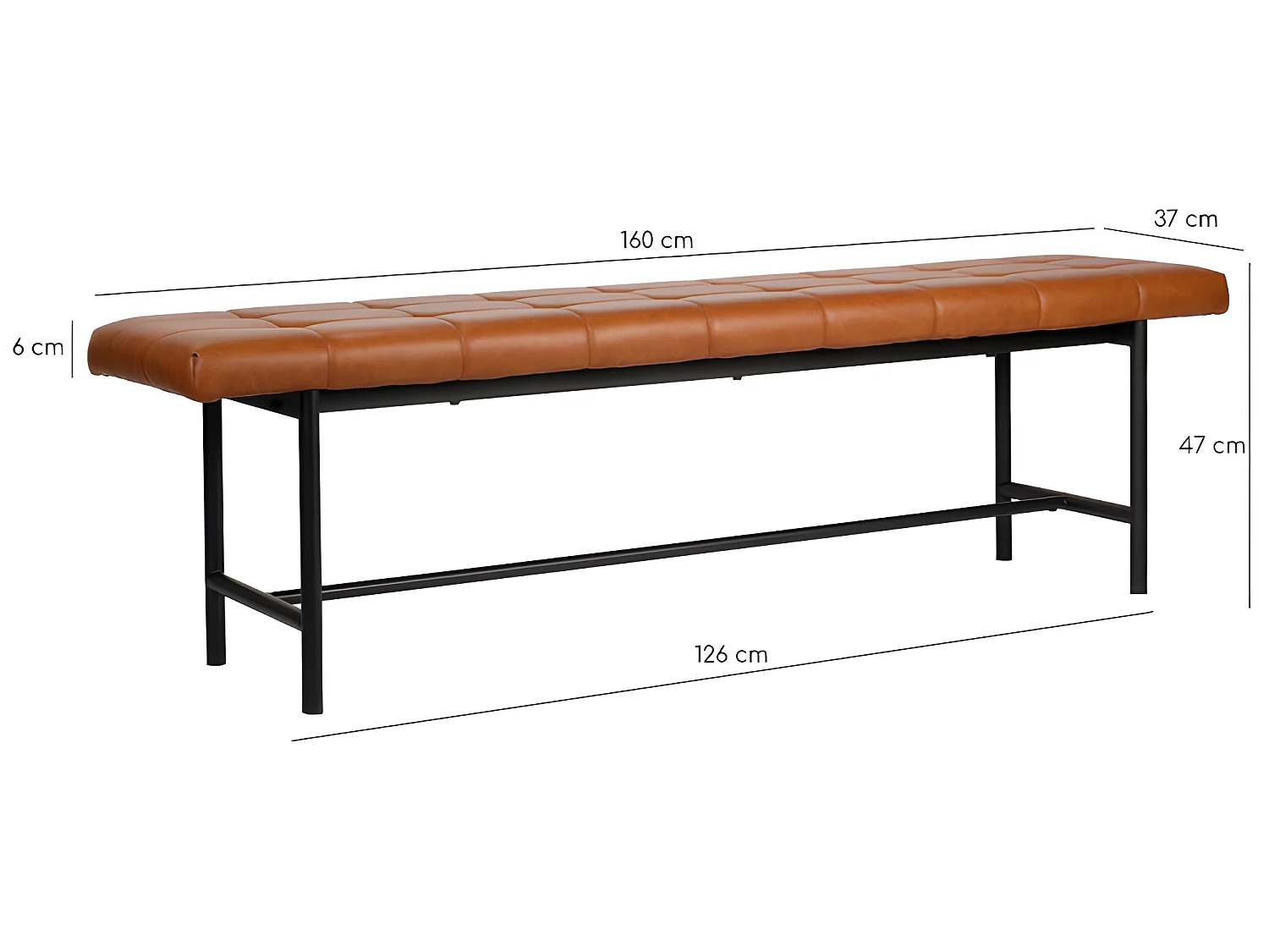 Banc vintage 160 cm en simili marron et pieds métal noir - MORO 8671