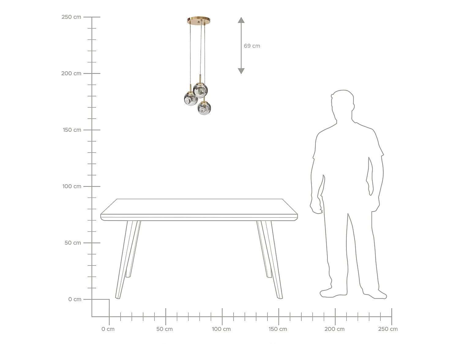 Hängelampe mit runden Lampenschirmen Halbtransparentes Rauchglas 3 Licht Metall Messing Lampenschirm Rafles