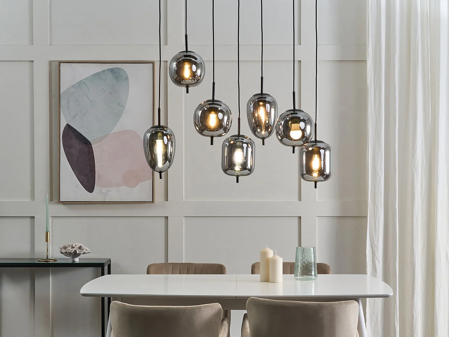 Hängelampe Moderne Lampe Runde Schirme Halbtransparent Rauchglas 7 Leuchte Metall Silber Tarlo