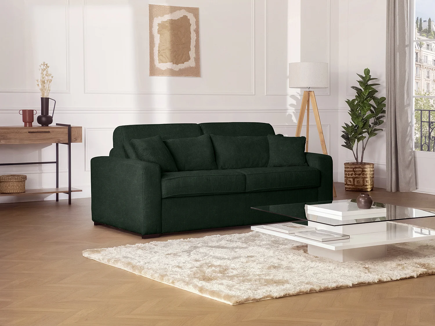 Sofá de 4 lugares convertível abertura rápida veludo canelado verde, cama de 160 cm, colchão de 16 cm - MONDOVI