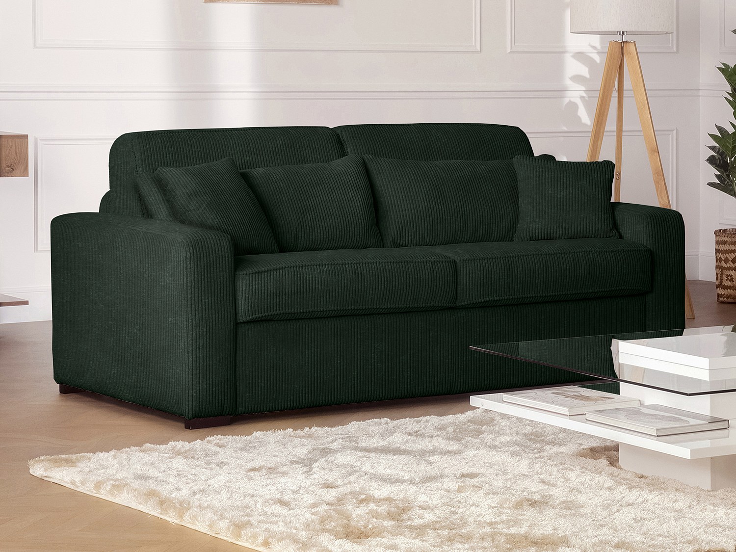 4-seters sovesofa med hurtigmekanisme i grønn kordfløyel - 160 cm sengebredde - 16 cm madrass - MONDOVI