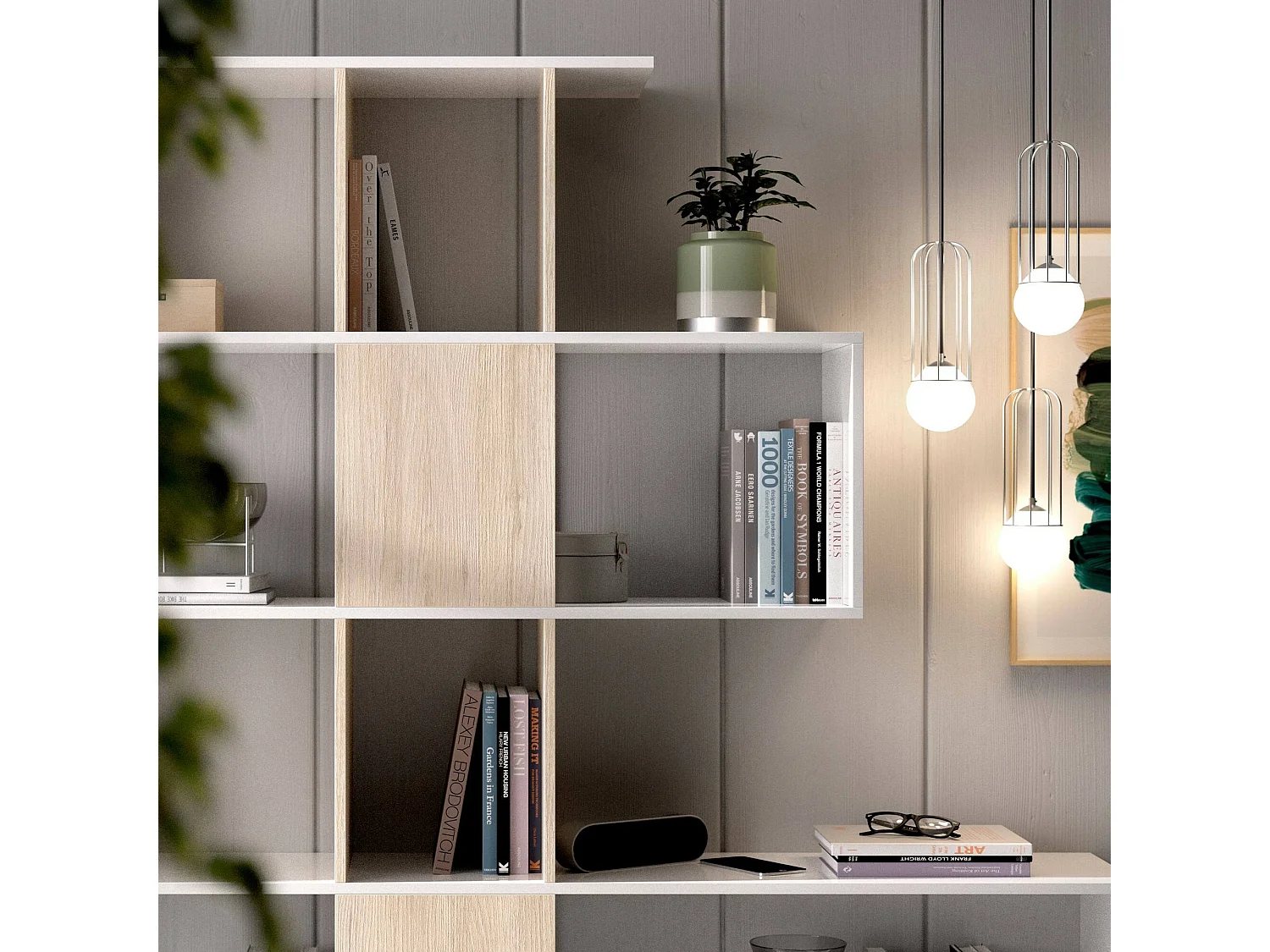 Dkala boekenkast, Multifunctionele kantoorplank, Boekenkast met 4 planken, 145x29h145 cm, Wit en Eiken