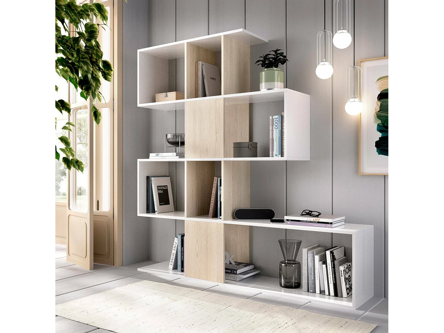 Librería Dkala, Estantería de oficina multiusos, Librería con 4 baldas, 145x29h145 cm, Blanco y Roble