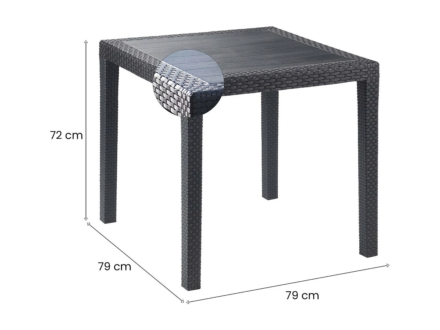 Mesa de exterior Daanan, Mesa de jardim quadrada, Mesa de centro fixa com efeito de rattan, 100% Fabricado na Itália, 80x80h72 cm, Antracite