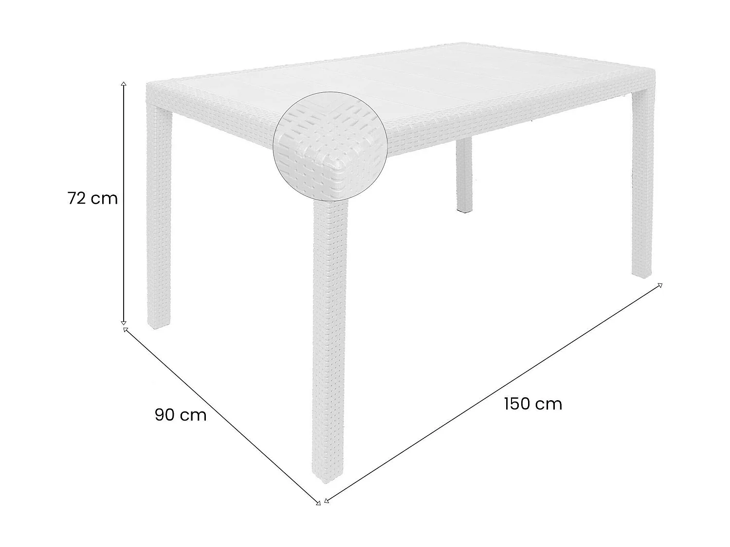 Table d'extérieur Dmachac, Étagère à manger rectangulaire, Table de jardin polyvalente effet rotin, 100% Made in Italy, 150x90h72 cm, Blanc