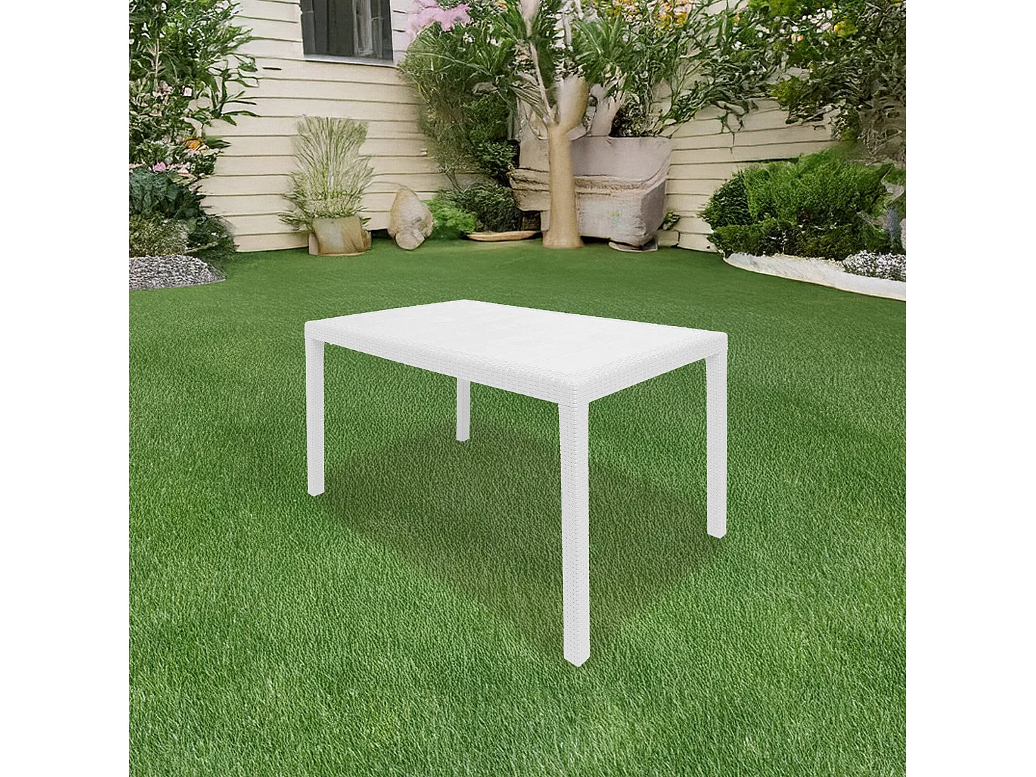 Dmachac buitentafel, Rechthoekige eettafel, Multifunctionele tuintafel met rotaneffect, 100% Made in Italy, 150x90h72 cm, Wit