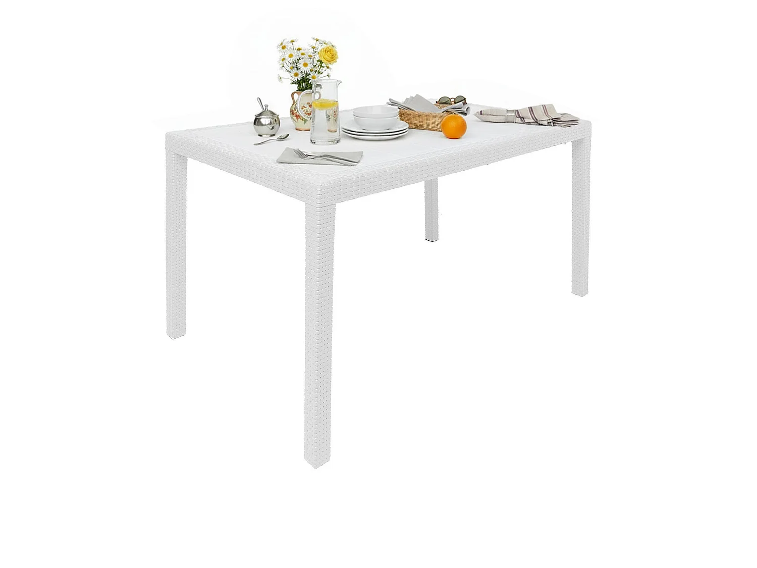 Table d'extérieur Dmachac, Étagère à manger rectangulaire, Table de jardin polyvalente effet rotin, 100% Made in Italy, 150x90h72 cm, Blanc