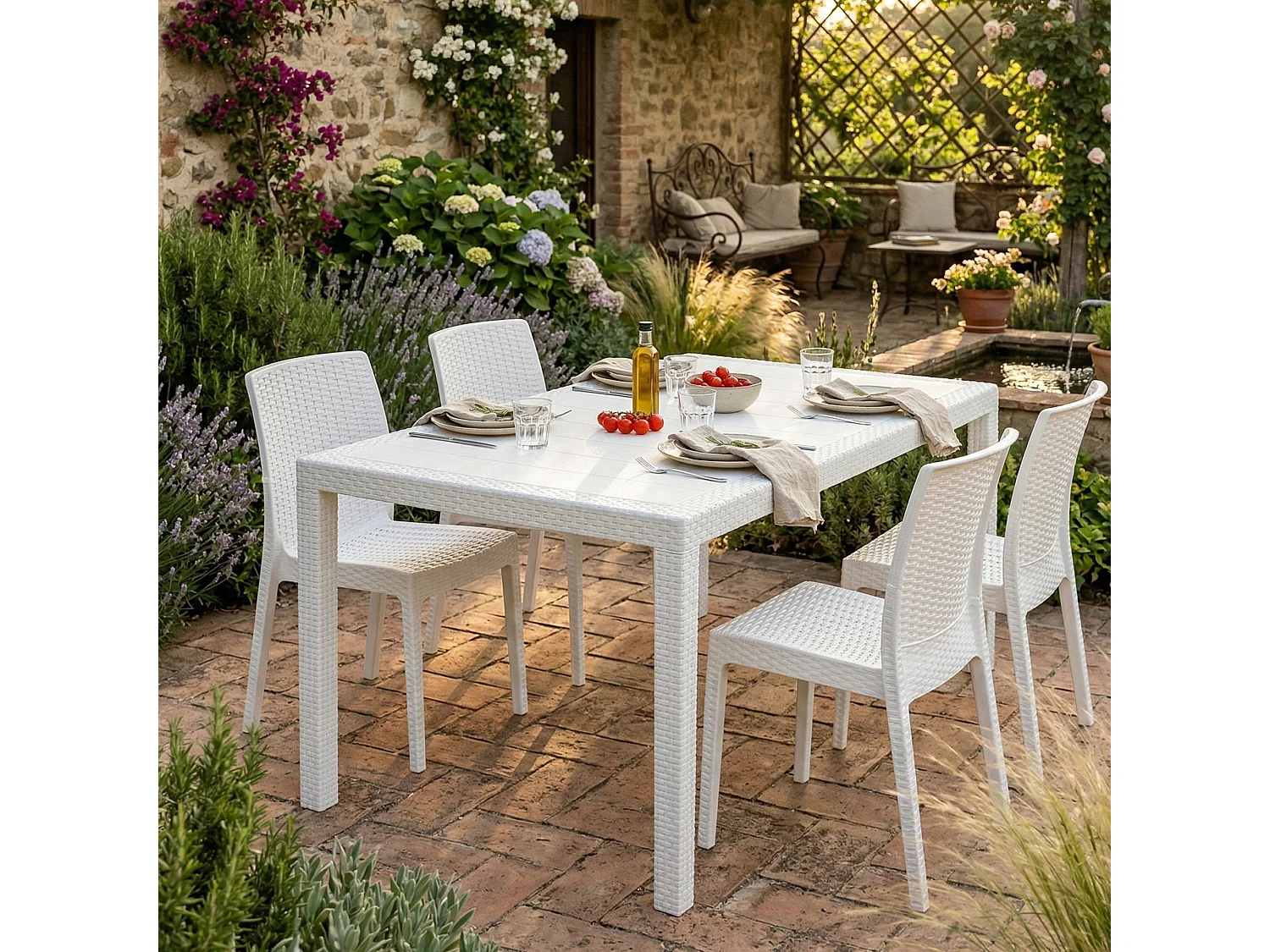 Table d'extérieur Dmachac, Étagère à manger rectangulaire, Table de jardin polyvalente effet rotin, 100% Made in Italy, 150x90h72 cm, Blanc