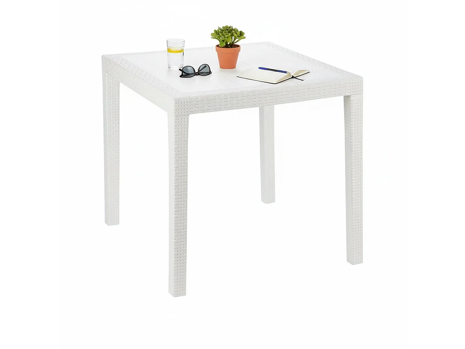 Daanan buitentafel, Vierkante tuintafel, Vaste salontafel met rotaneffect, 100% Made in Italy, 80x80h72 cm, Wit