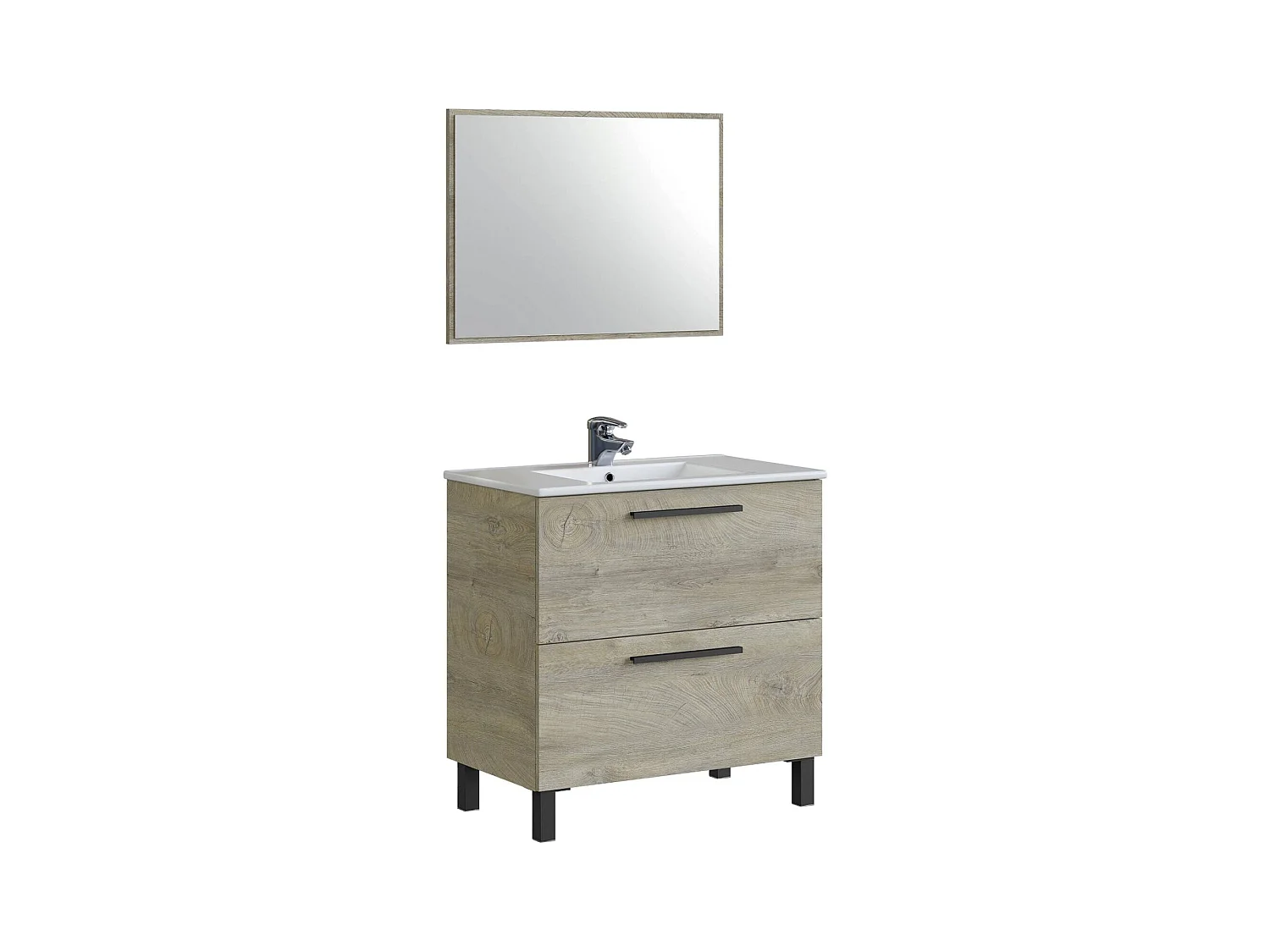 Meuble sous-vasque Douna, Meuble de salle de bain avec 2 tiroirs, Meuble suspendu avec miroir, lavabo non inclus, 80x45h80 cm, Chêne