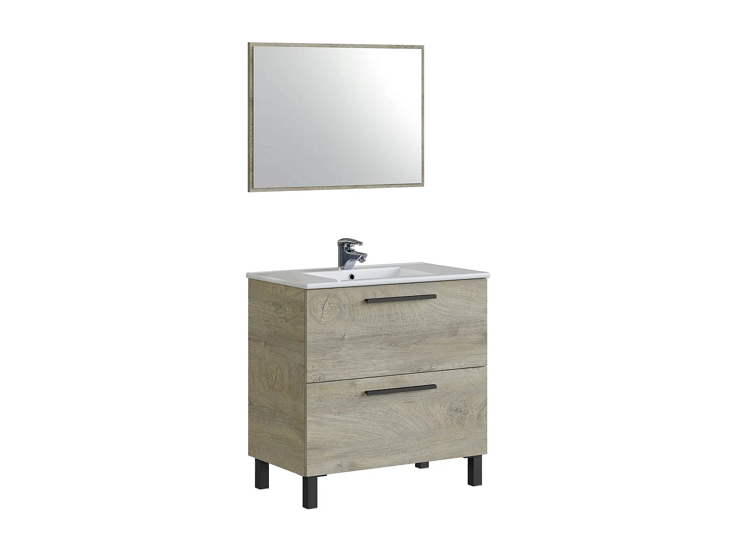 Armario bajo fregadero Douna, Mueble de baño de 2 cajones, Mueble colgante con espejo, lavabo no incluido, 80x45h80 cm, Roble