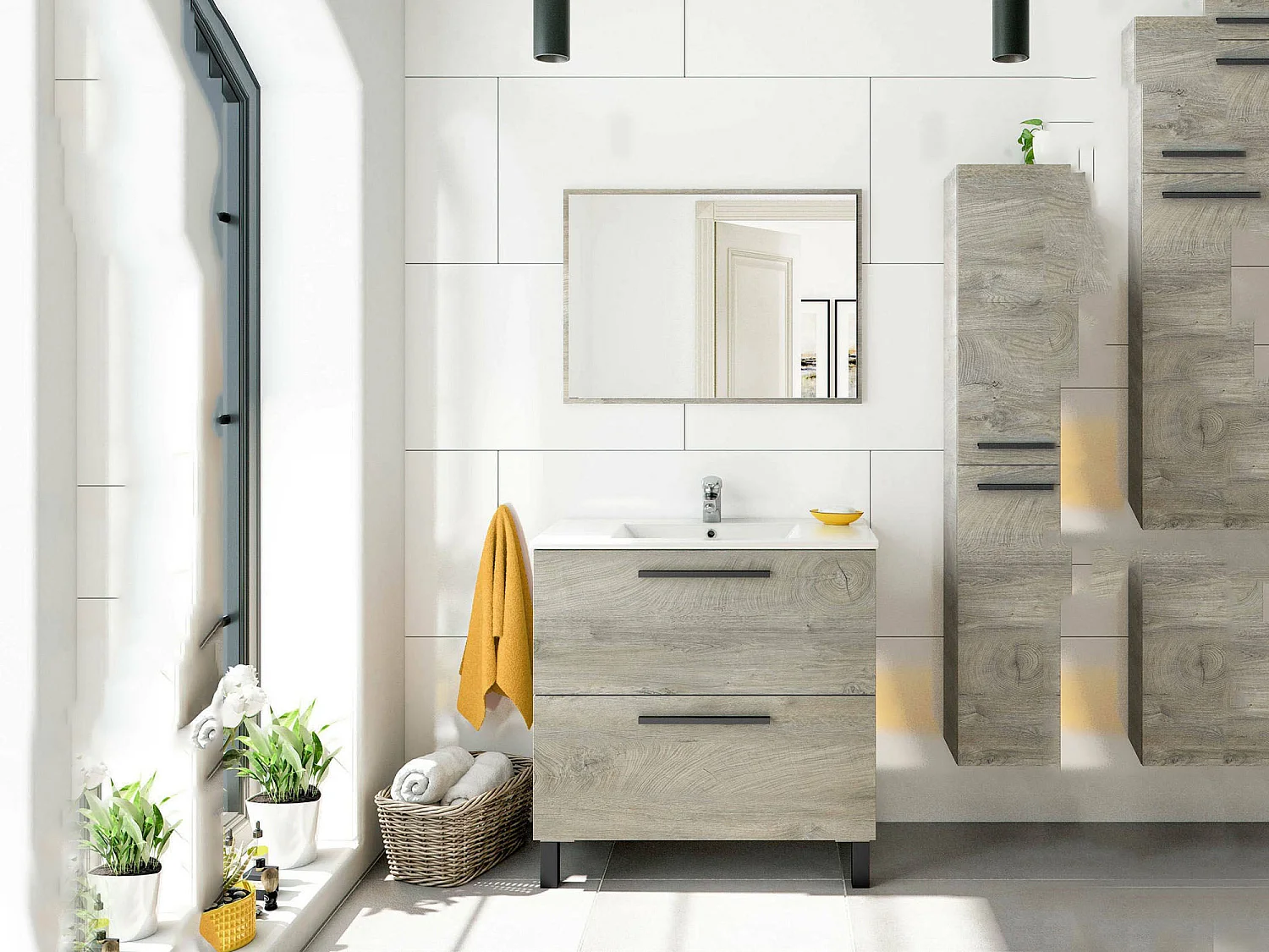 Meuble sous-vasque Douna, Meuble de salle de bain avec 2 tiroirs, Meuble suspendu avec miroir, lavabo non inclus, 80x45h80 cm, Chêne