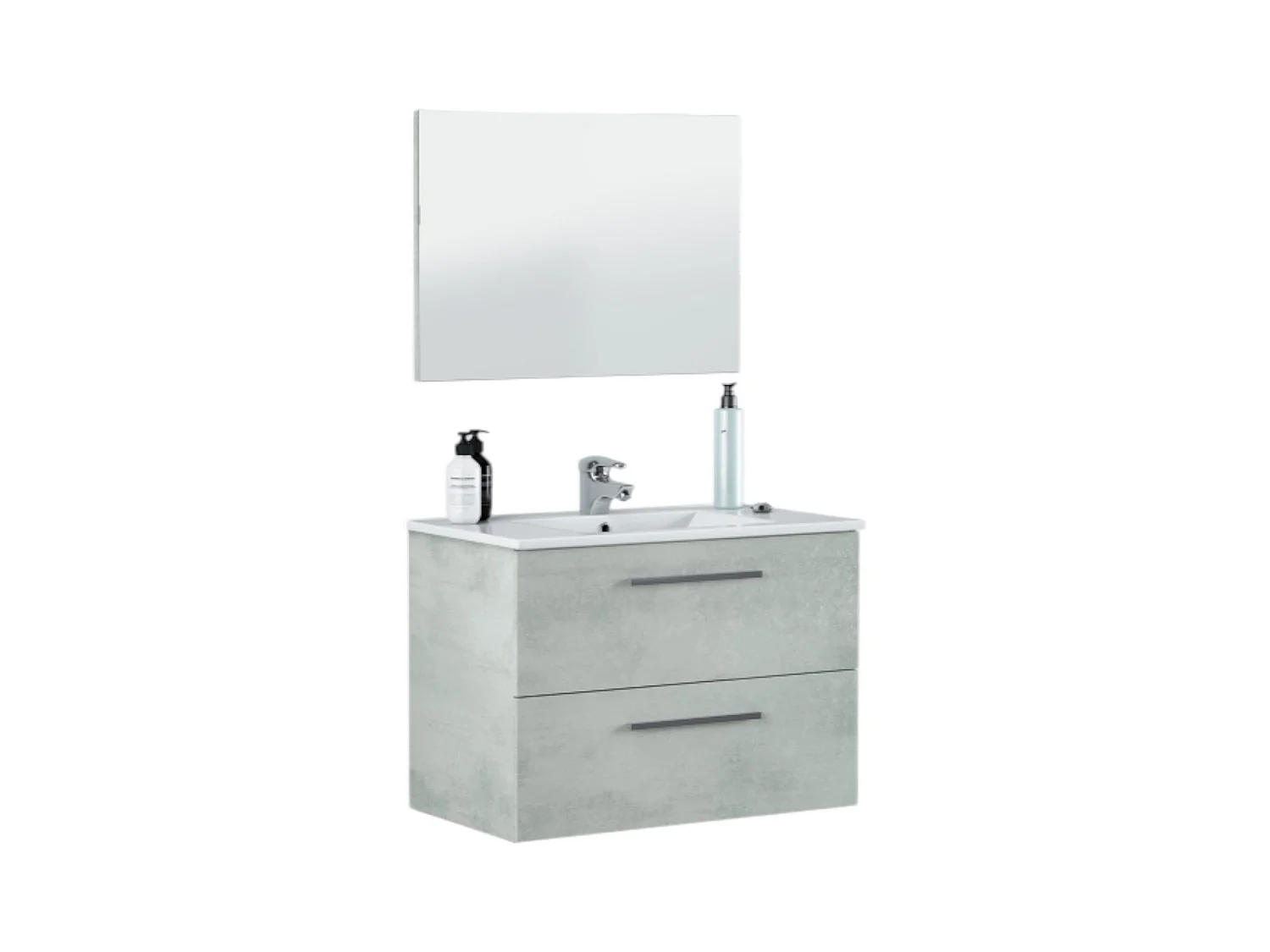 Armario bajo encimera Dfell, Mueble de baño suspendido, Armario con 2 cajones y espejo, 80x45h57 cm, Hormigón