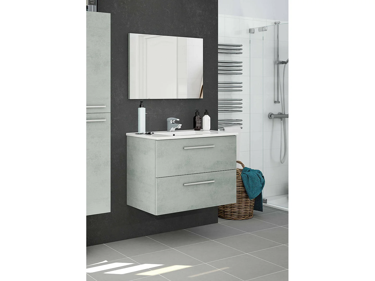 Meuble sous-vasque Dfell, Meuble de salle de bain suspendu, Armoire avec 2 tiroirs et miroir, 80x45h57 cm, Ciment