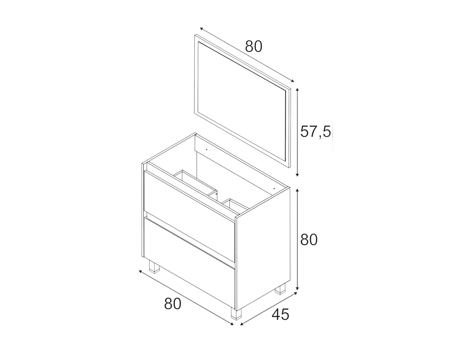 Armario bajo encimera Djuwar, Mueble suspendido con 2 cajones, Mueble de baño con espejo, Lavabo no incluido, 80x45h80 cm, Roble