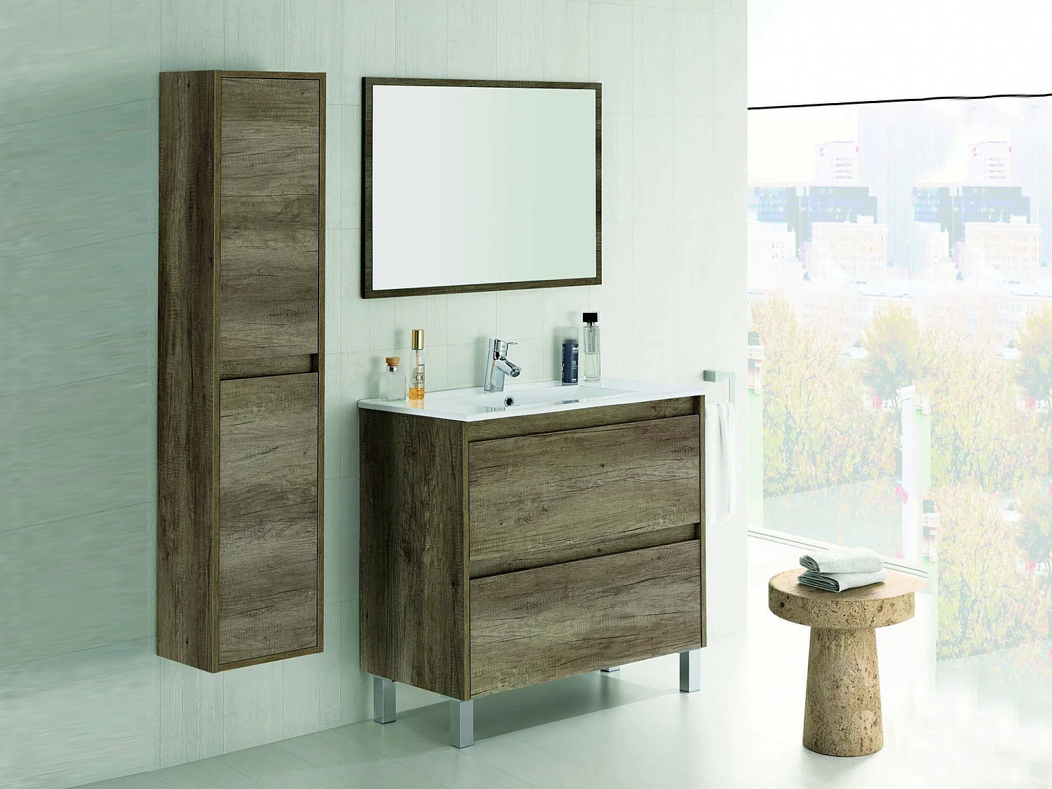 Unterschrank Djuwar, Hängeschrank mit 2 Schubladen, Badezimmerschrank mit Spiegel, Waschbecken nicht enthalten, 80x45h80 cm, Eiche