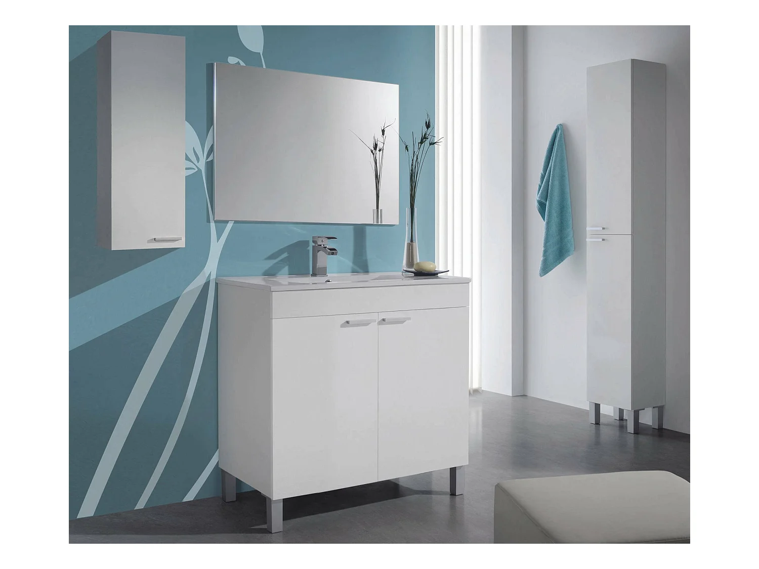 Meuble sous-vasque Dacor, Meuble de salle de bain avec 2 portes, Meuble de sol avec miroir, 80x45h80 cm, Blanc