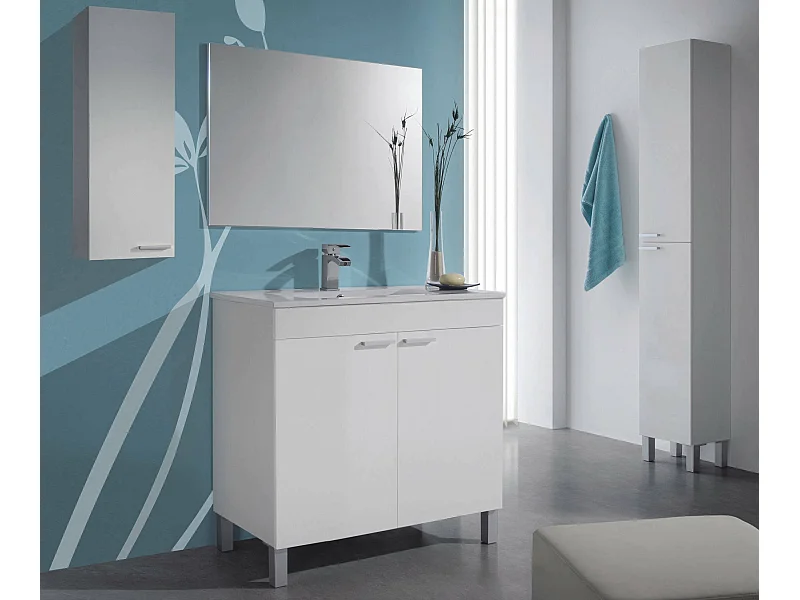 Meuble sous-vasque Dacor, Meuble de salle de bain avec 2 portes, Meuble de sol avec miroir, 80x45h80 cm, Blanc