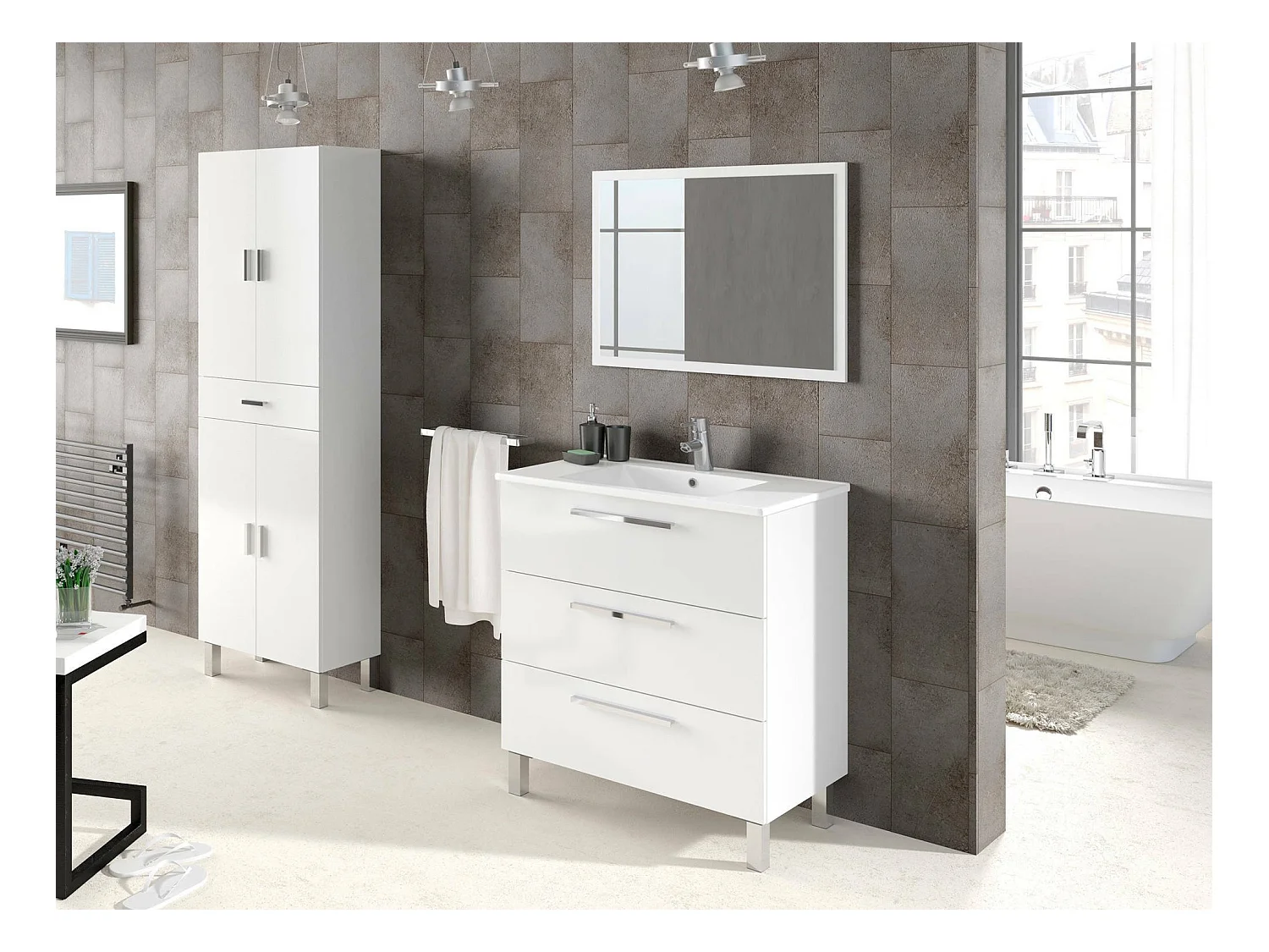 Meuble sous-vasque Dlo, Meuble de salle de bain, armoire 3 tiroirs et miroir, lavabo non inclus, 80x45h86 cm, Blanc brillant